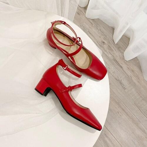 Genuine leather square toe mid-heel Mary Jane shoes with full leather buckle inside and outside thick heel womens shoes X789