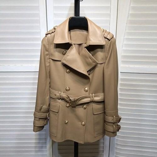 England Style Sheepskin leather coat Spring autumn 2021 Fashion Womens Gemuine leather double-breasted belt jackets B738