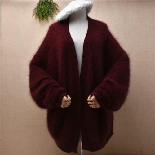 Ladies women autumn winter clothing angora rabbit hair knitwear long lantern sleeve loose oversized cardigan mantle coat sweater