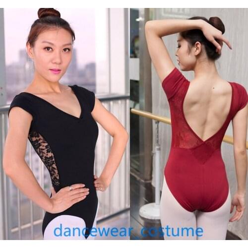 Ladies Short Sleeve Ballet Gymnastics Leotard Women Ballet Fitness Yoga Dance Bodysuit Leotards Tight Leotard with Lace 2Colors