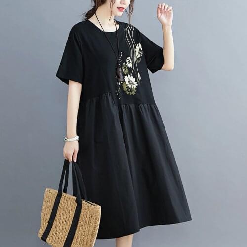 2021 New Arrival Short Sleeve Patchwork Cotton Loose Summer Dress Print Floral Black Holiday Travel Casual Dress Women Dresses