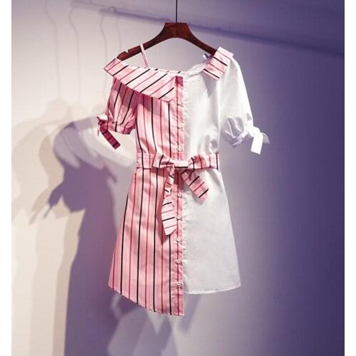 Plus size Summer Women Dress Slash neck Single Breasted Stripe A-line Belt Patchwork Fake two pieces office ladies Dresses