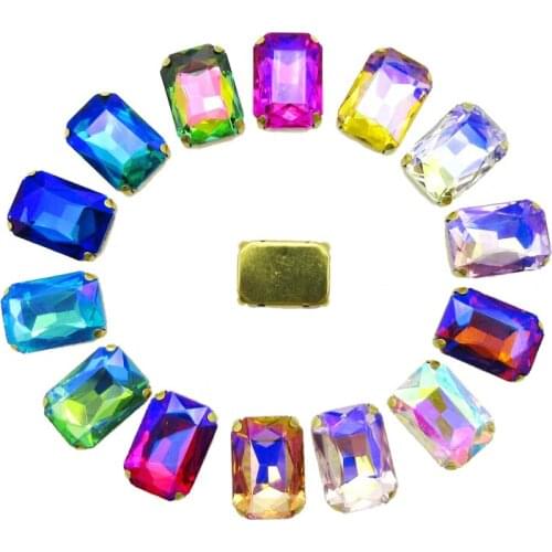 AB colors mix Rectangle shape glass Crystal strass Gold claw Sew on rhinestones beads wedding dress garments shoes bags diy trim