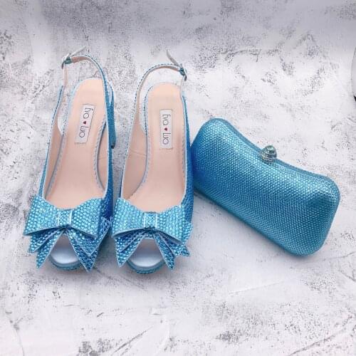 BS1359 Custom Made Dress Sandal Women Shoes Bridal Wedding Light Blue Crystal Shoes With Matching Bag Set