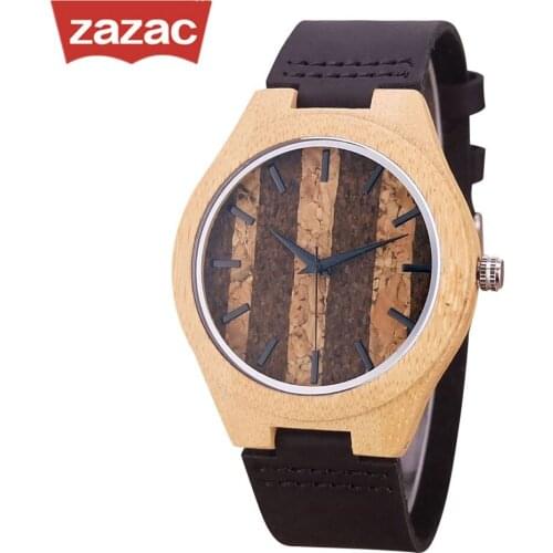 Wooden Watches Quartz Watch Men Bamboo Modern Wristwatch Analog Nature Wood Face Fashion Soft Leather Creative Birthday Gifts