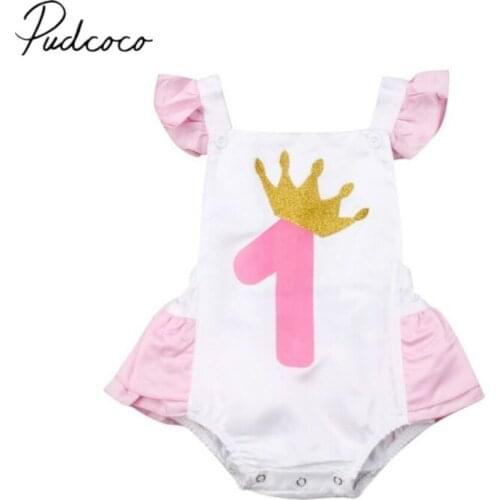 2019 Baby Summer Clothing Infant Baby Girl Birthday Clothes Ruffle Bodysuit Crown Playsuit Letter 1 Print Jumpsuit Sunsuit 0-24M