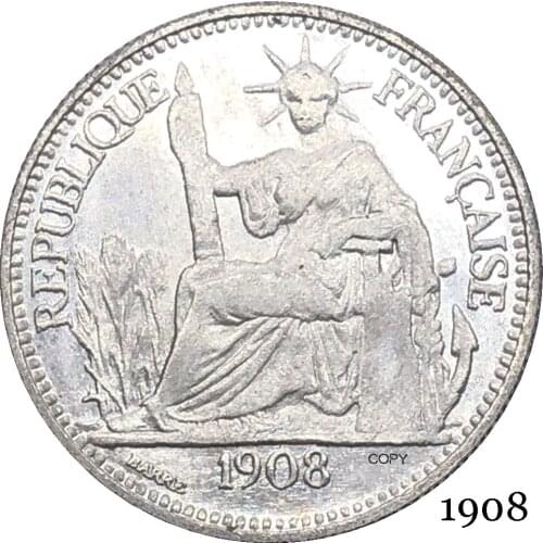 France French Indochina 1908 Barre 10 Cent Centimes Piastre Copy Coin Cupronickel Silver Plated Republica Francaise Replica