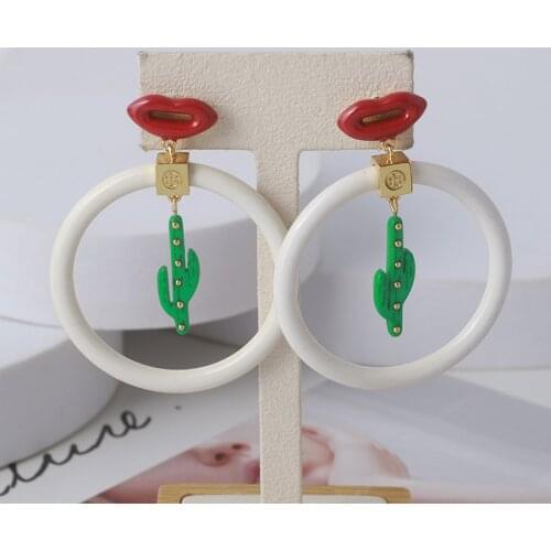 Personalized enamel red lips green cactus hoop earrings
