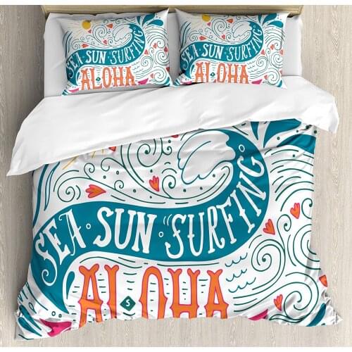 Hawaiian Duvet Cover Set Queen Size Sea Sun Surfing Typography with Ocean Waves Aloha Tropical Print Decorative 3 Piece Bedding