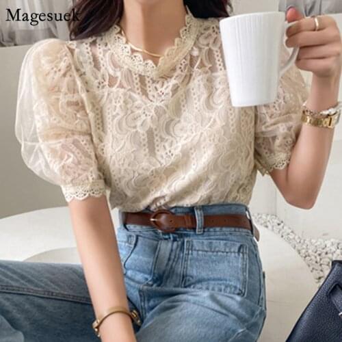 Sweet Chic Mesh Lace Crochet Elegant Blouse Women 2021 Korean Vintage Puff Sleeve Shirt Female Fashion Loose Summer Tops 14807