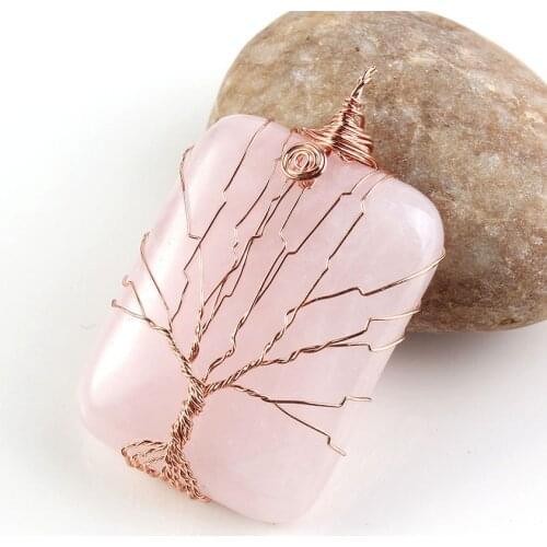 Trendy-beads Rose Gold Color Natural Rose Pink Quartz Tree Life Wire Winding Square Pendant Unique Jewelry