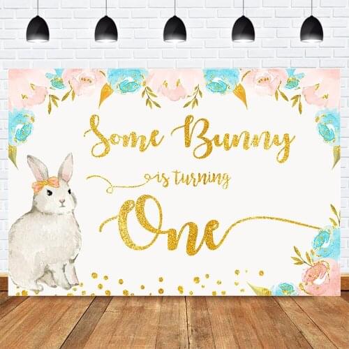 Some Bunny is Turning One Photography Backdrop 1st Birthday Party Banner Background Watercolor Rabbit Pink Blue Flower Backdrops