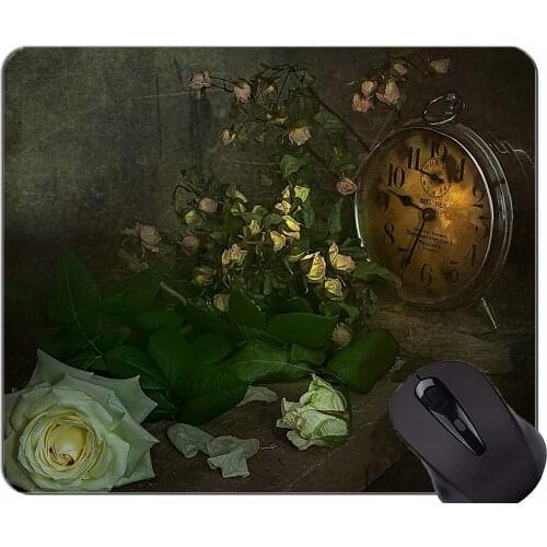 Mouse Pad Non-Skid Natural Rubber Rectangle Mouse Pads,Clock rose flower still life -Stitched Edges