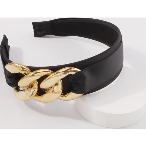 New Fashion Alloy Chain Wide Headband Bezel For Women Satin Cloth Hairband Wide Side Solid Headwear Hair Jewelry Accessories