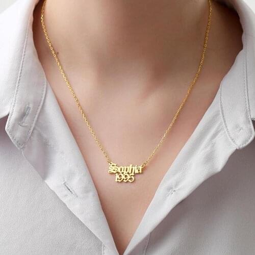 Gothic Style Old English Name and Year Necklace Custom Jewelry Stainless Steel Nameplate Date Pendant Necklace Women Gifts