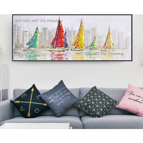 The Colorful Abstract Handmade Ships Oil Painting Wall Art Canvas Painting Mural Decoration Seascape Pictures for Living Room