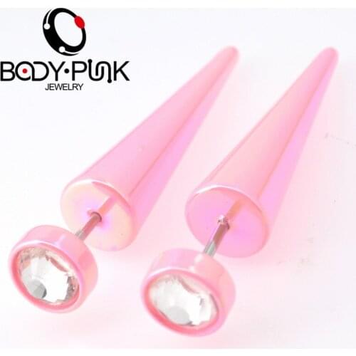 Body Punk Few Stock Pink Acrylic with Clear CZ Fake Faux Cheater Taper Earrings Ear Plug Earring in Body Jewelry 2pcs