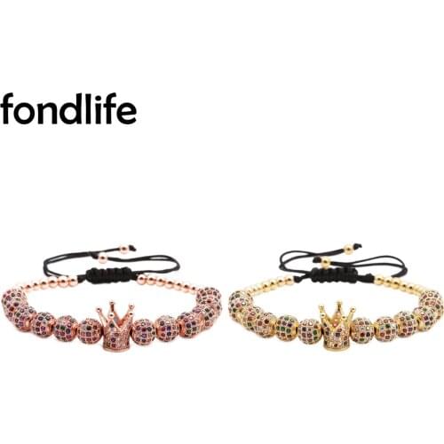 Multicolor Cubic Zirconia Stones Ball-Ball Crown Adjustable Bracelet Women Flass Copper Beads Black Cord Macrame Luxury Jewelry