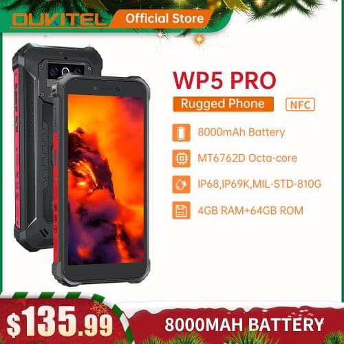 OUKITEL WP5 Pro IP68 Rugged Smartphone 4GB 64GB 8000mAh 5.5"HD+ Octa Core Android10 Mobile Phone 13MP Triple Camera Cell Phone