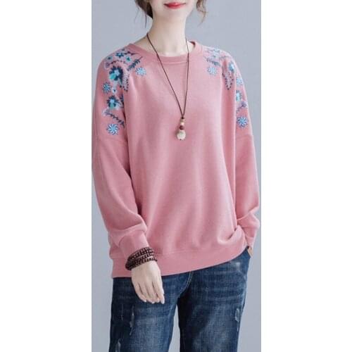 Spring Women Long Sleeve Sweatshirt 2021 Plus Size Vintage Floral Embroidery Female Loose Casual Student Pullovers Hoodies 3XL