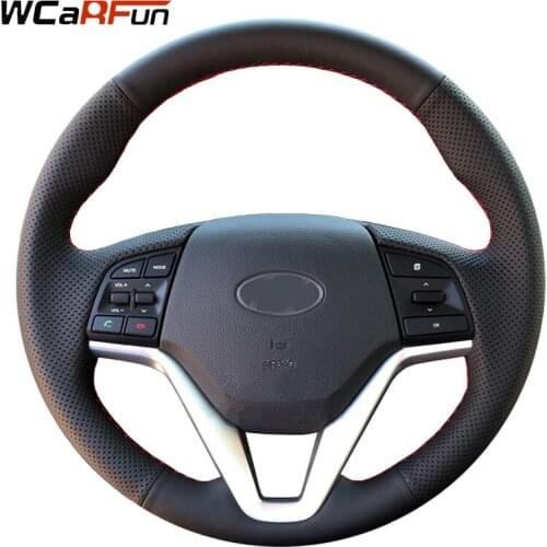 WCaRFun Hand-stitched Auto Steering Covers Black Leather Car Steering Wheel Cover for Hyundai Tucson 2015 2016