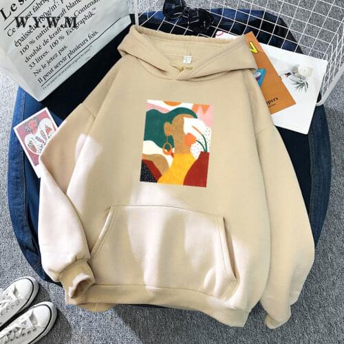 WYWM Abstract Character Printed Hooded Sweatshirt Women Winter Fleece Canvas Pattern Hoodies Pullovers Fall Long Sleeve Clothes