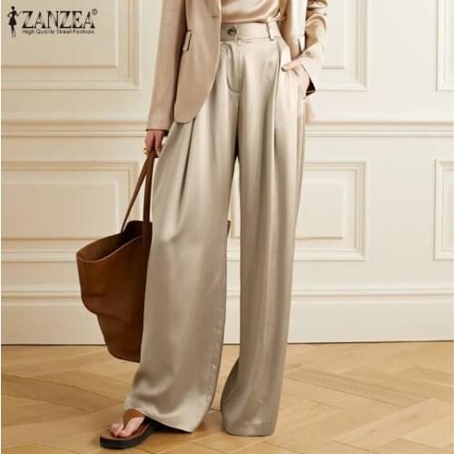 Summer Stylish Satin Trousers Women Solid Office OL Pantalon Palazzo ZANZEA Elegant Solid Wide Leg Pants Casual Loose Culottes