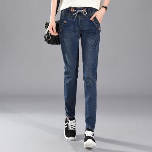 Womens Elastic Waist Long Jeans Casual Dark Blue Light Blue Denim Trousers