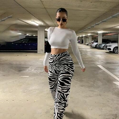 This Zebra Print Wide Leg Pants Trousers Sexy High Waist Plaid Female Harem Pants Loose Drawstring Trousers Clothing