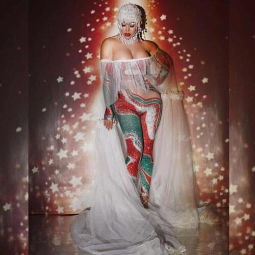 Women Evening Stage Bodysuits Christmas Celebration Party Strapless See Through Mesh Trailing Dress with Rhinestone Jumpsuit