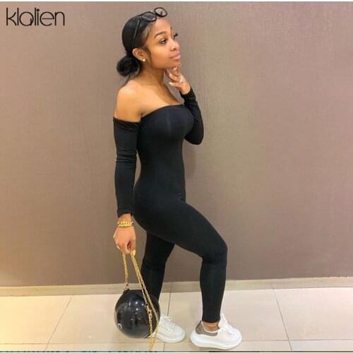 KLALIEN casual street solid long sleeve jumpsuit women sexy off shoulder female romper activewear fashion tracksuit women