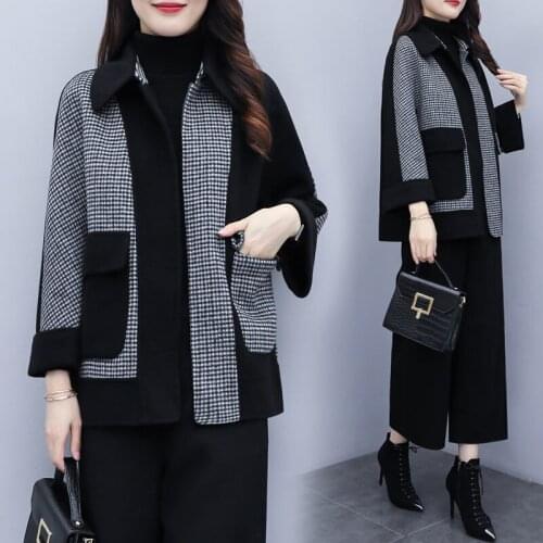 Single Piece/Set Womens New Autumn Winter Woolen Two-piece Set Plus Size Plaid Jacket+Wide leg Pants Fashion Suit Women 2PCS
