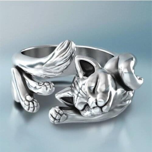 Thailand Cat Totem Women Adjustable Open Ring Retro Silver Color Index Finger Ring Charm Female Jewelry