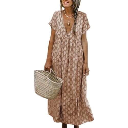 Fashion Women Dress Bohemian Summer Beach Lady Leaf Print Sexy Deep V Short Sleeve Loose Maxi Dress robe femme платья для женщин