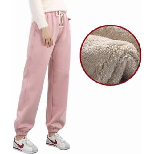 Winter Velvet Loose Pants Womens High Waist Solid Color Trousers Warm Balck Sport Wear Pink