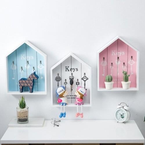 667A Wall Mounted Organizer Wooden House Shape Key Cabinet Storage Box with 5 Hooks Key Holder Rustic Key Hanger Home Decoration