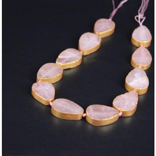 11pcs Natural Rose Quartzs Flat Teardrop Loose Beads,Gold Edged Pink Crystal Slab Pendants Necklace For DIY Jewelry Crafts