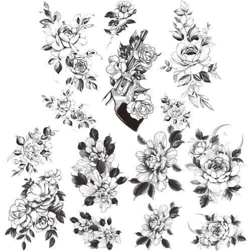 Camellia AK47 Flower Temporary Tattoo For Women Black Sweatpea Bloosom Lily Tattoos Leaf Peony Body Art Hands Daisy Fake Tatoos