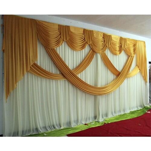 Free shipping gold color curtain backdrop with swag for wedding party banquet birthday decoration