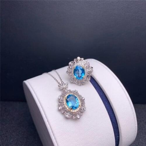 Graceful ocean blue Topaz ring and necklace real 925 silver jewelry set natural gem good color new designment girl birthday gift