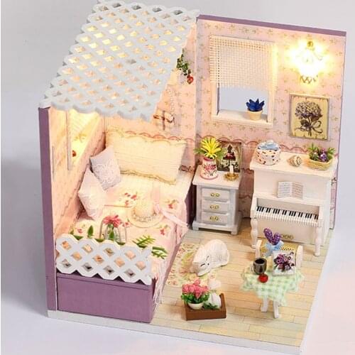 IiE Create Dollhouse Miniature Toys House Bedroom with Furniture Accessories Cat Beautiful Doll House Wooden Toys for Girl Gift