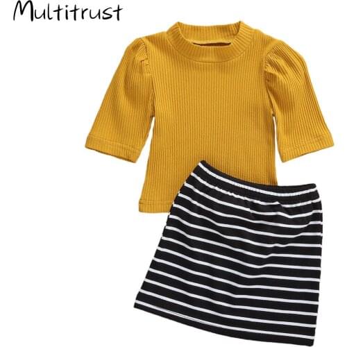 Multitrust 2020 Summer Girls Two Piece Suit Short Sleeve Knitted T-shirts+Striped Skirts School Style Casual Clothing Sets
