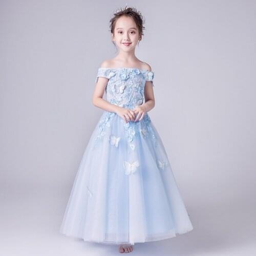 New Blue Tulle Prom Flower Girl Dress for Wedding Long Party Birthday Dress Beaded Floral Baby Baptism First Communion Gown
