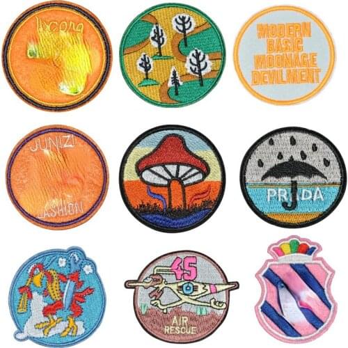 Mushroom Scenery Patch Sun Mountain Iron On Patches For Clothes Round Patch Embroidered Patches For Clothing Ironing Stickers