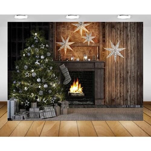 Christmas Vintage Photography Backdrop Christmas Tree Fireplace Wood Wall Background Winter Gifts Glitter Stars Photo Shoot