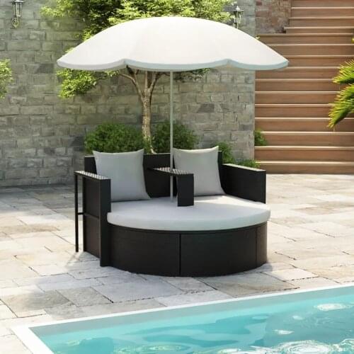 Garden Bed with Parasol Black Resin Weave rattan outdoor furniture set for Outdoor garden furniture camping lounge chairs