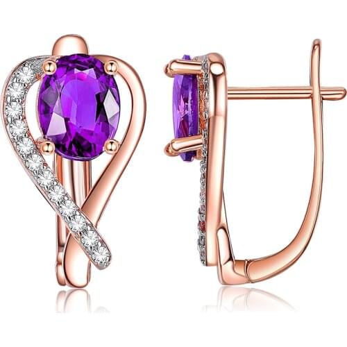 ZEMIOR Romantic Heart Rose Gold Color Earrings For Women Purple Oval 5A Cubic Zirconia Stud Earring Anniversary Fashion Jewelry