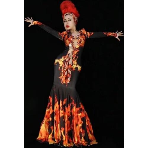 Mesh Flames Sparkly Crystals Long Dress Evening Party Rhinestones Dresses Birthday Celebrate Costume Fringes Dress