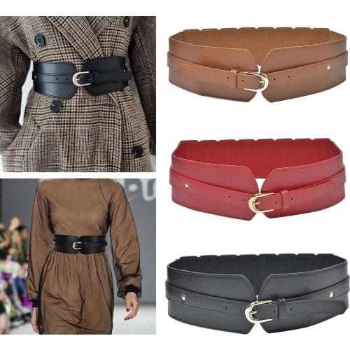 Retro Wide Belt, Women Ladies Fashion Waistand Belt, High Waist Dress Belt Gold Tone Metal Buckle