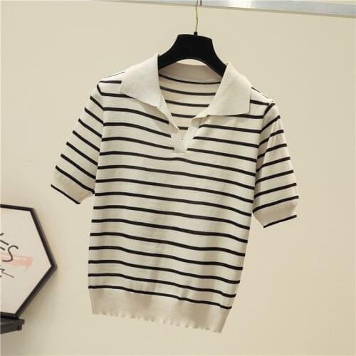 LJSXLS Striped Turn-down Collar Womens Sweater Mujer Knitted Short Sleeve Pullover Sweaters Summer Casual Loose Tops Women 2021